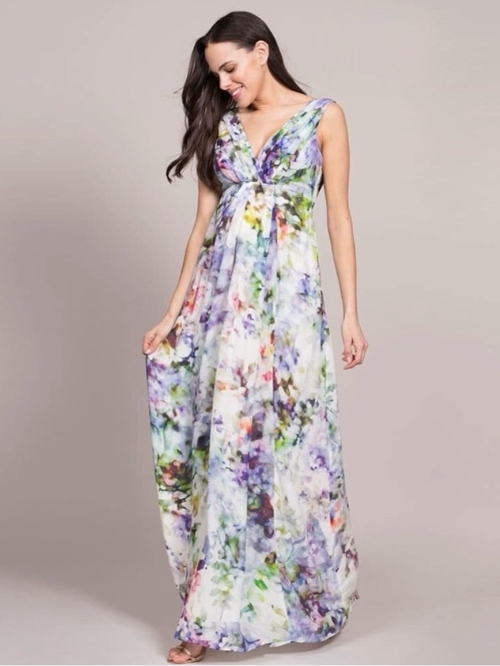 Seraphine Luxe Floral Silk Watercolor Maxi Dress in White, Purple, Green
